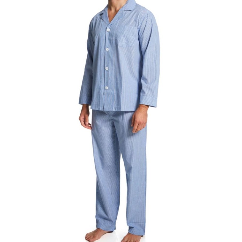 Fruit of the Loom Blue Stripe Men's Long Sleeve Pajama Set, 2-Piece Large New